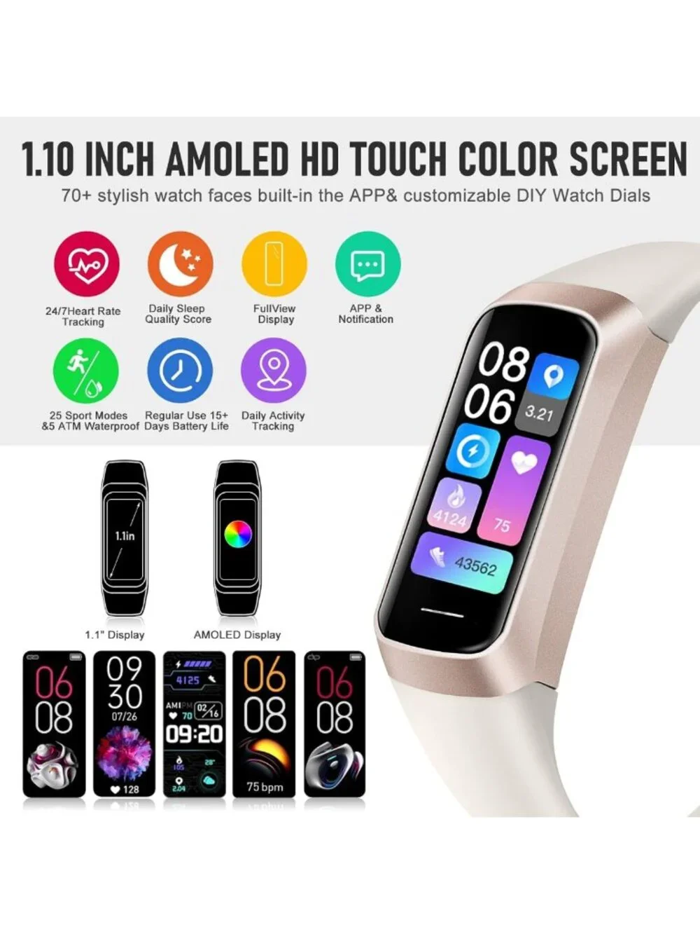 24/7 Heart Rate & Blood Pressure Fitness Tracker, AMOLED Touch Screen Smart